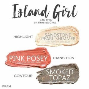 Island Girl shadowsense trio, sandstone pearl shimmer shadowsense, pink posey shadowsense, smoked topaz