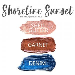 shoreline sunset shadowsense eye trio, shell glitter shadowsense, garnet shadowsense, denim shadowsense